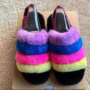UGG Fluff Yeah Slide black multi pink blue yellow shoe size 6 slipper